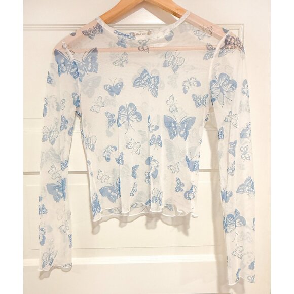 Altar'd State Butterfly Mesh Long Sleeve Top White / Blue Sz S - Picture 1 of 4